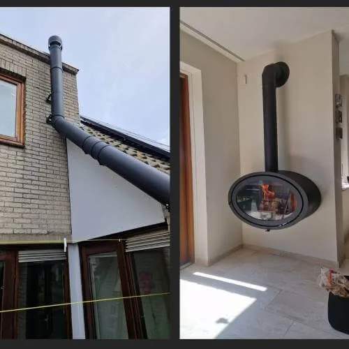 Dubbelwandig rookkanaal houtkachel via de gevel